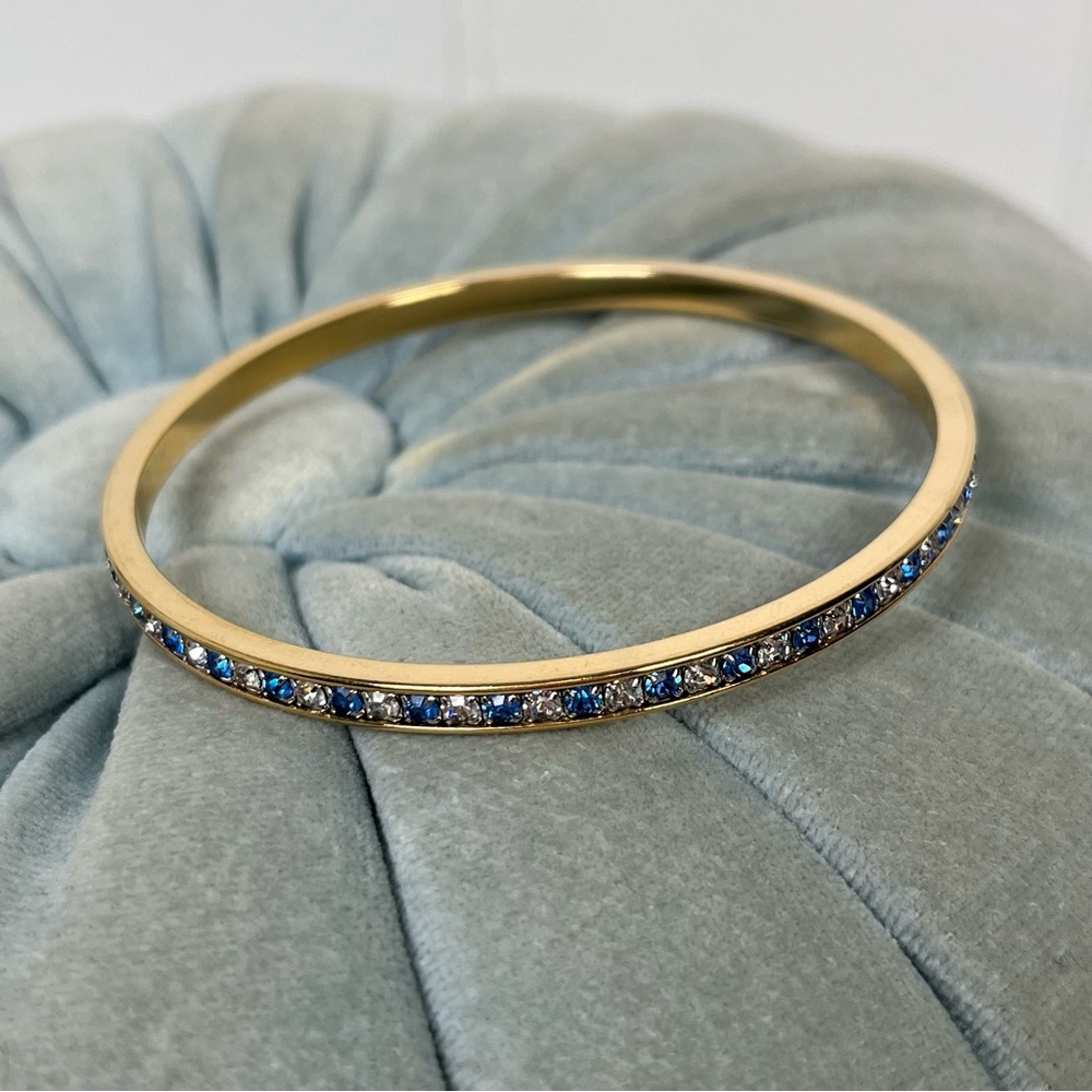 Vintage 14K GS Gold Shell Blue & Clear Crystal Rhinestone Bangle Bracelet